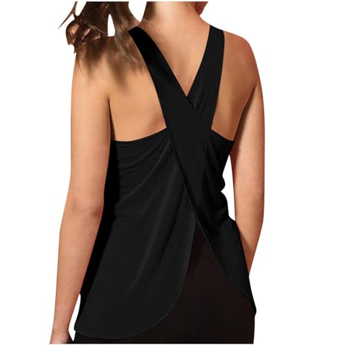 Open Back Workout Tank Tops Sleeveless Criss-Cross Back Slit Activewear Shirts Loose Fit Solid Quick Dry Yoga Tunic Black, Small