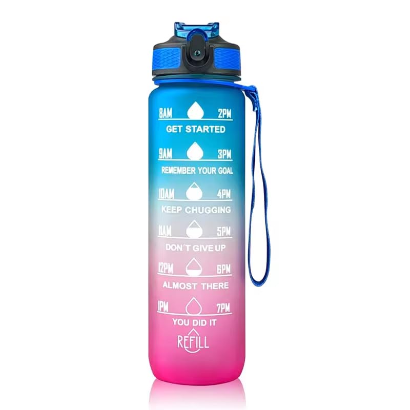 320z sports water bottle with time markers. Carry on strap, leak proof, BPA free sports water bottle. Gym/Outdoor/Fitness.