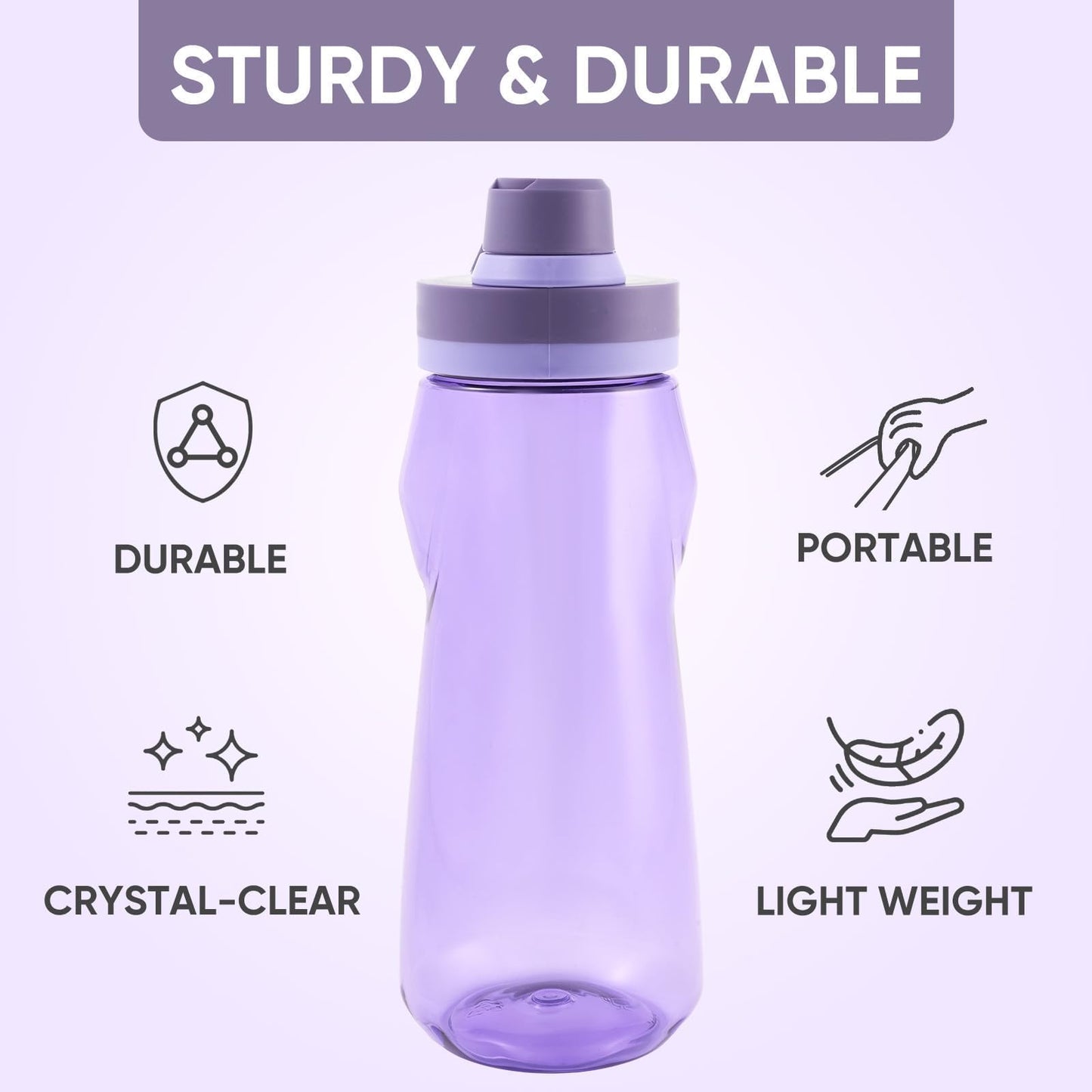 32oz Water Bottle, Wide Mouth Plastic Water Bottles Chug Lid Sports Water Bottle, Reusable Water Bottle With Handle, Leak-Proof Clear Water Bottle for Travel, Fitness, Men, Women, Purple