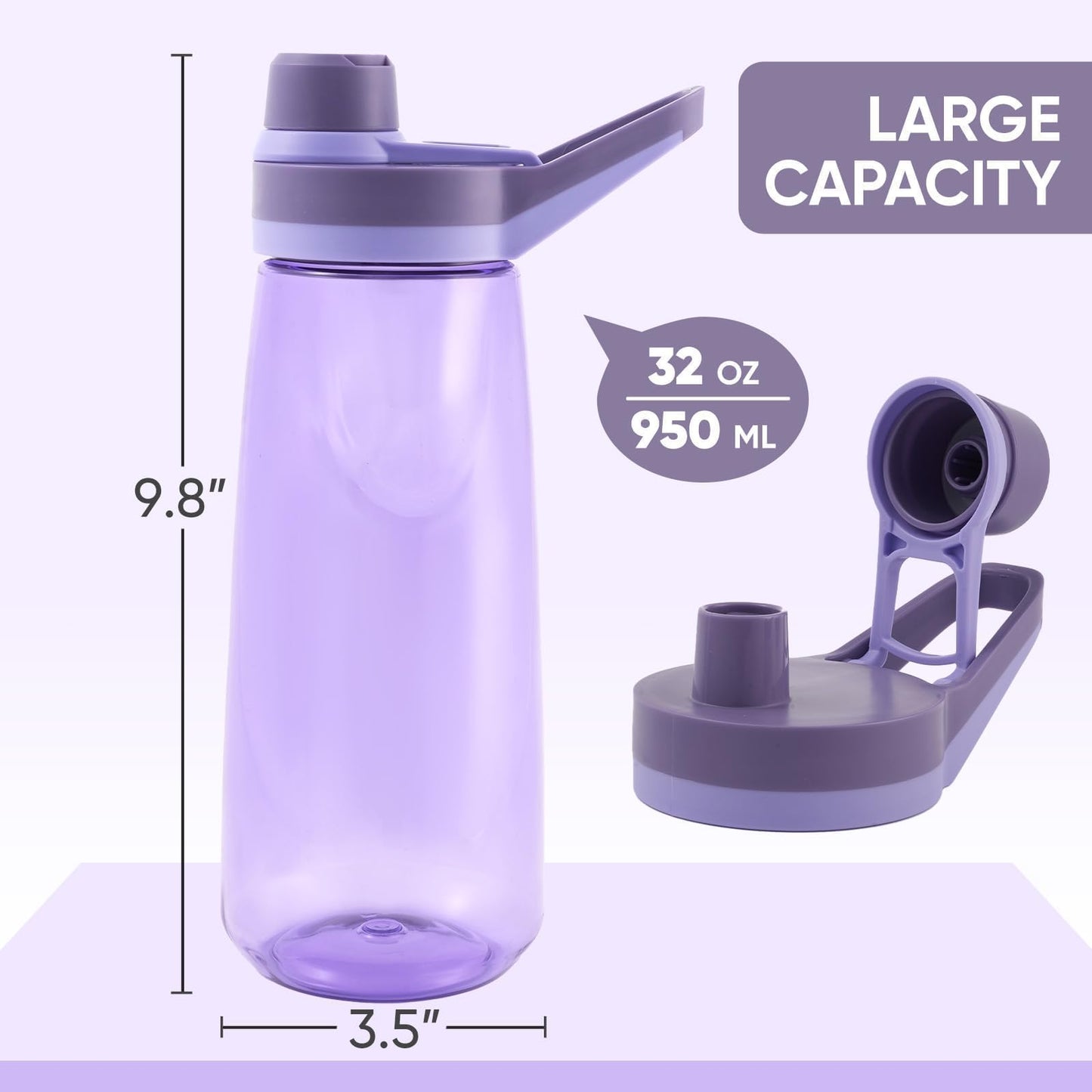 32oz Water Bottle, Wide Mouth Plastic Water Bottles Chug Lid Sports Water Bottle, Reusable Water Bottle With Handle, Leak-Proof Clear Water Bottle for Travel, Fitness, Men, Women, Purple