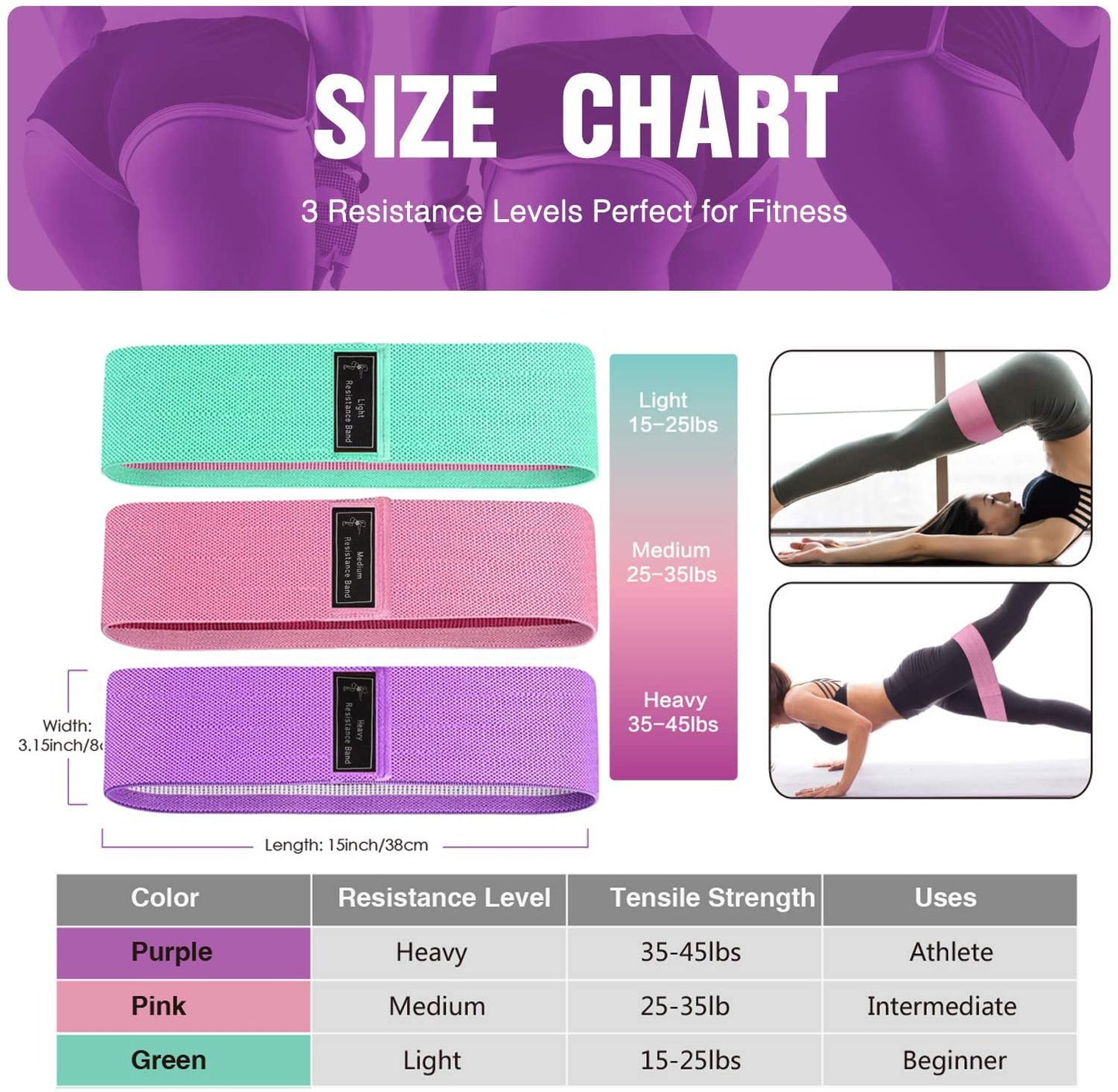 Resistance Bands for Legs and Butt, Fabric Exercise Bands Set, Thick Wide Stretch Fitness Bands, Non-Slip Workout Loop Bands, Booty Hip Bands for Women at Home or Gym (Green, Pink, Purple)