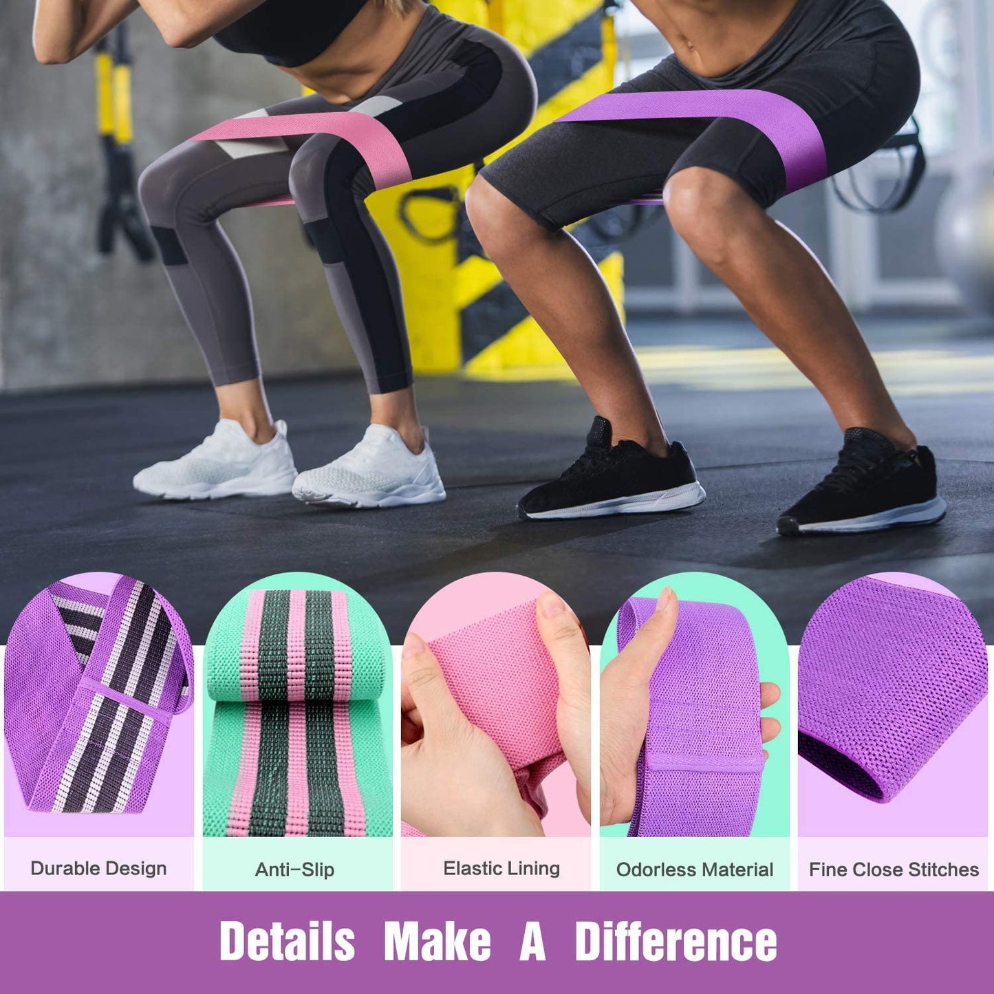 Resistance Bands for Legs and Butt, Fabric Exercise Bands Set, Thick Wide Stretch Fitness Bands, Non-Slip Workout Loop Bands, Booty Hip Bands for Women at Home or Gym (Green, Pink, Purple)